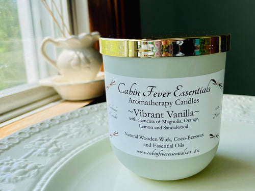 Vibrant Vanilla 8 oz Coco-Beeswax, Wooden Wick, Aromatherapy Candle